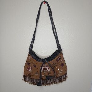 EXPRESS Small Purse Brown Beaded Fringed Embridered Floral Boho Bag Satchel